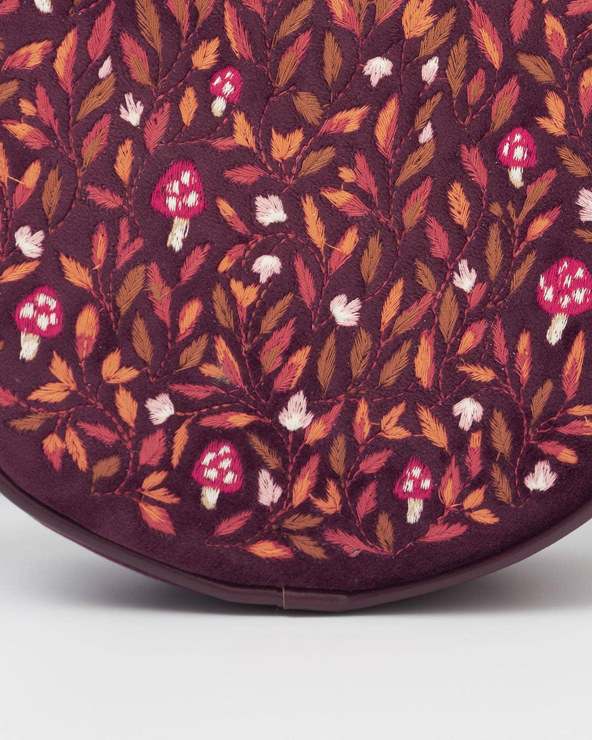 FABLE Magical Mushroom Embroidered Burgundy Circle Purse