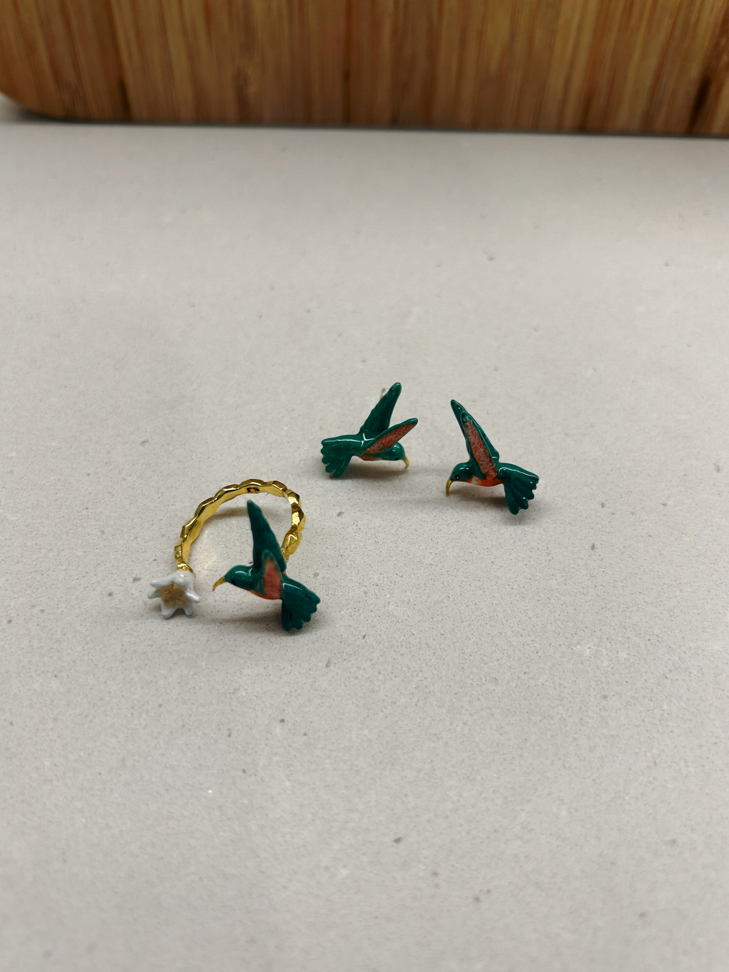 Handmade Gold plated humminbird Ring/Earring