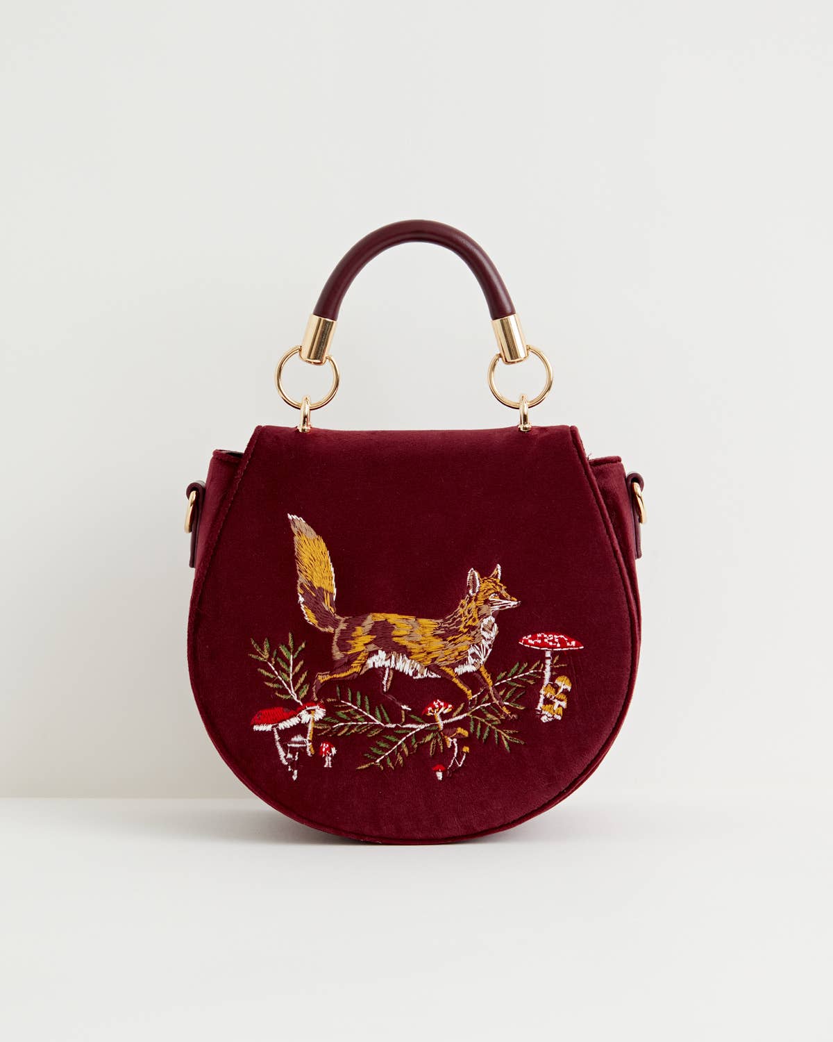 Fable Fox & Mushroom Embroidered Burgundy Velvet Saddle Bag