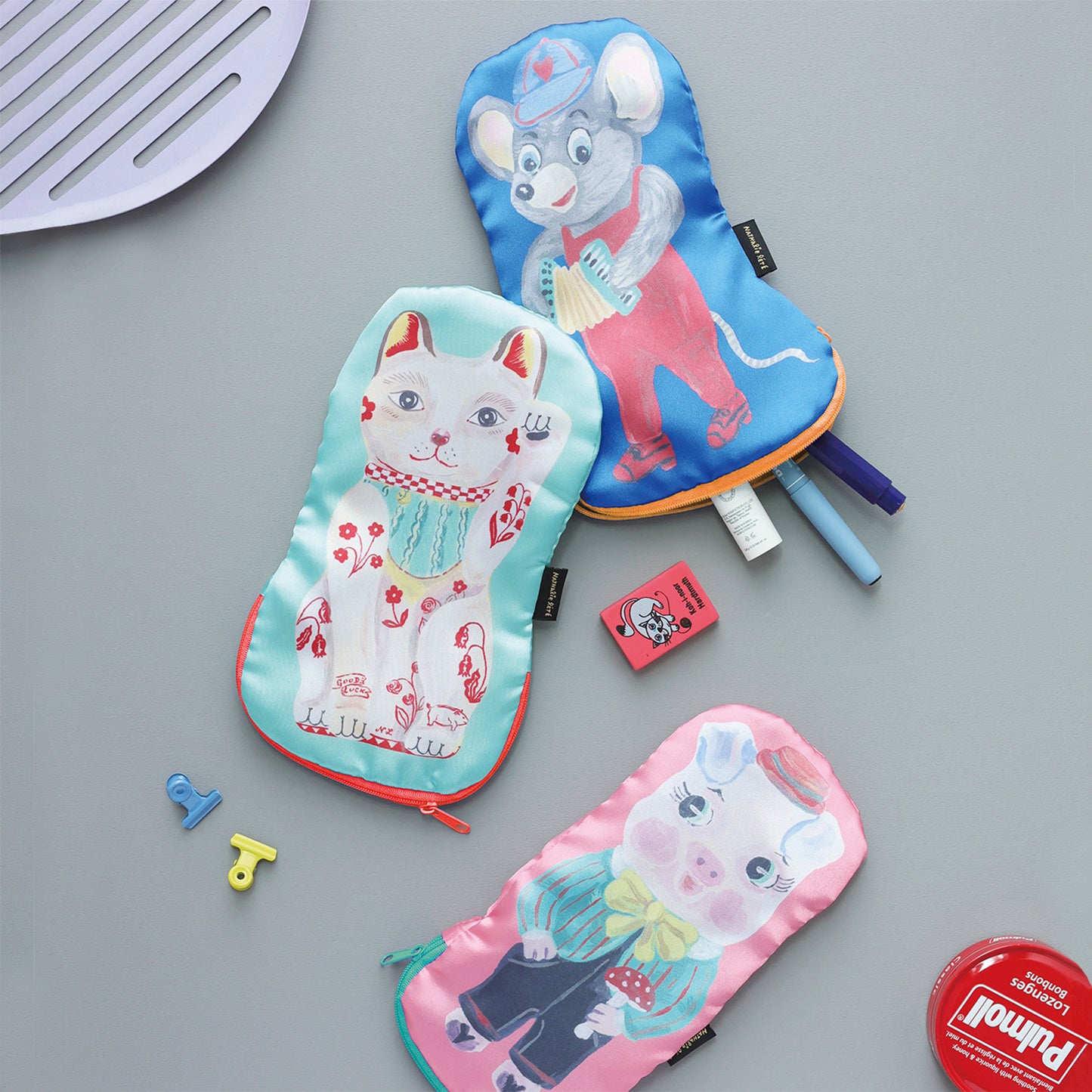 Nathalie Lete Satin pouch Lucky cat - blk