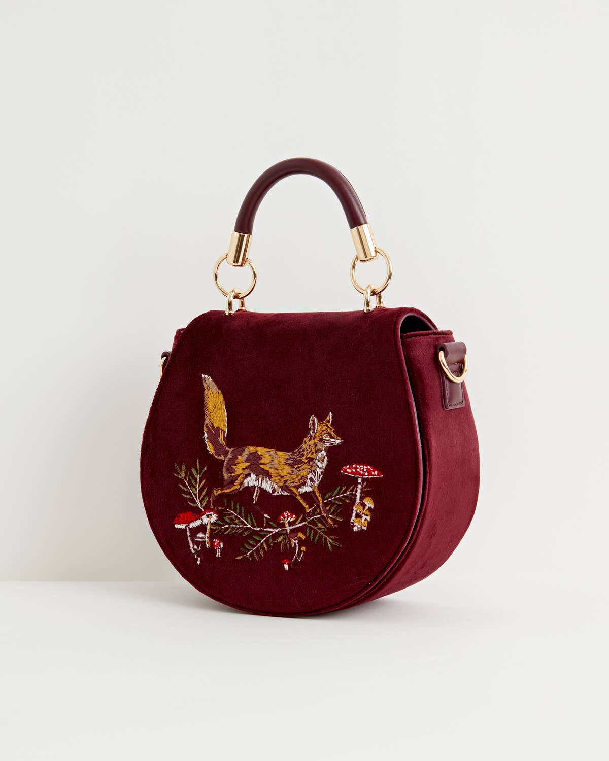 Fable Fox & Mushroom Embroidered Burgundy Velvet Saddle Bag