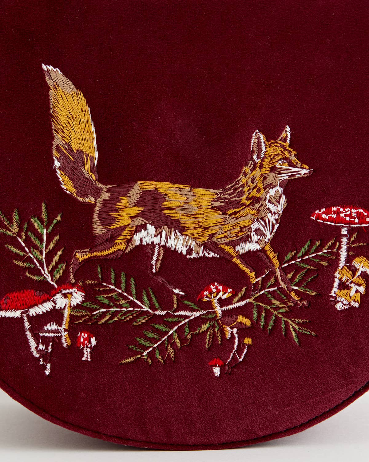 Fable Fox & Mushroom Embroidered Burgundy Velvet Saddle Bag