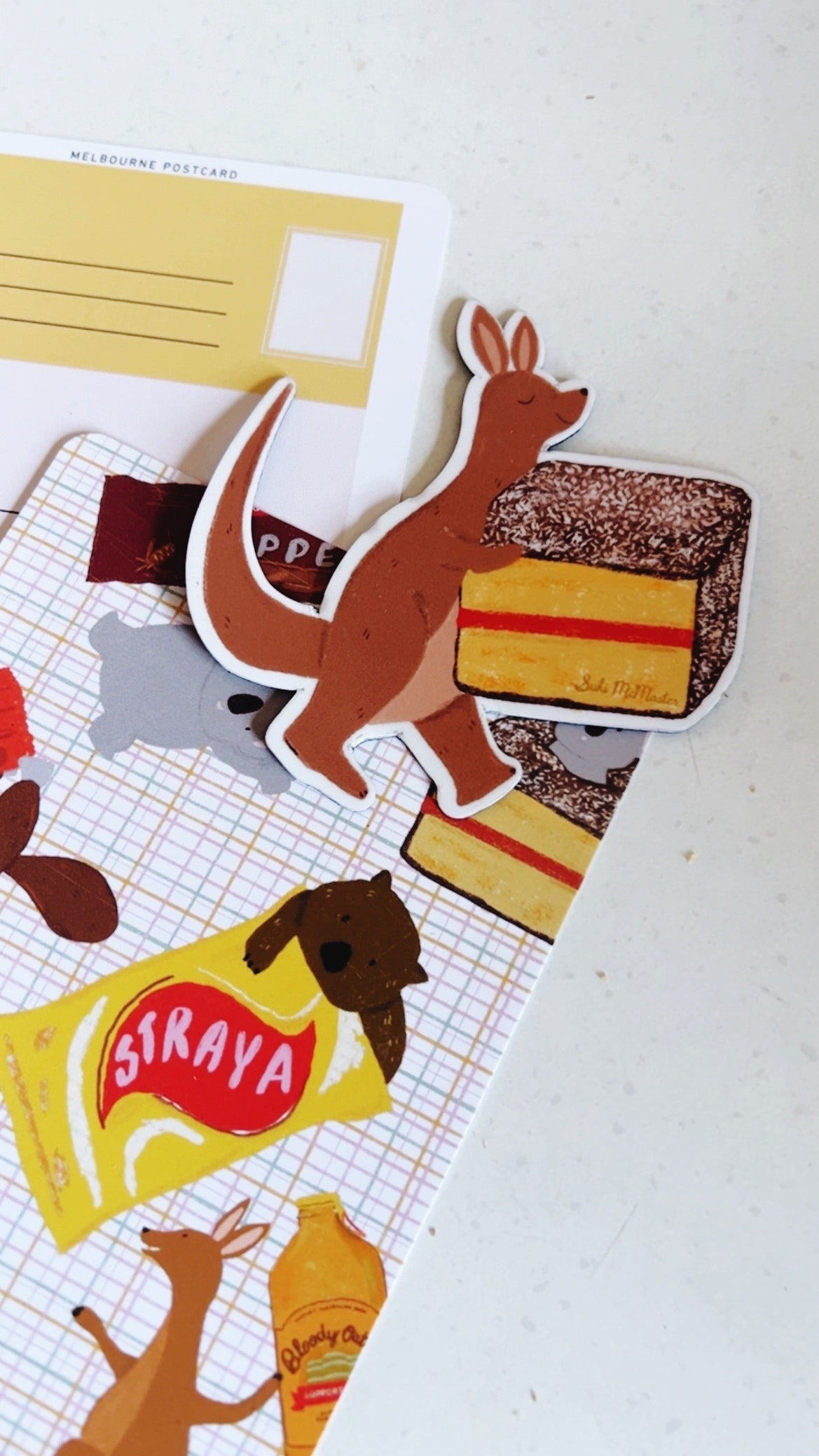 Kangaroo & Aussie Postcard & Magnet Set by Suki McMaster – Illustrated A6 Postcard + Fridge Magnet | Straya Snack Collection