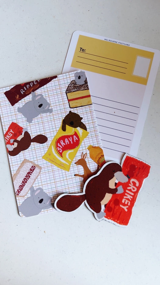 Platypus & Aussie Treats Postcard & Magnet Set by Suki McMaster – Illustrated A6 Postcard + Fridge Magnet | Straya Snack Collection