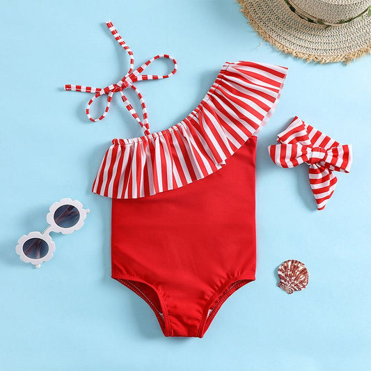 Red and white stripes kids swimsuit