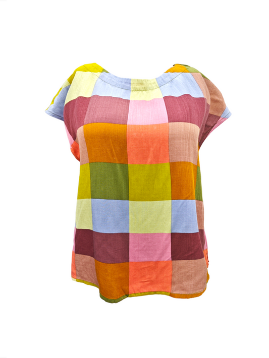Lindsey Top - multi colour check Linen (size 16 Only)