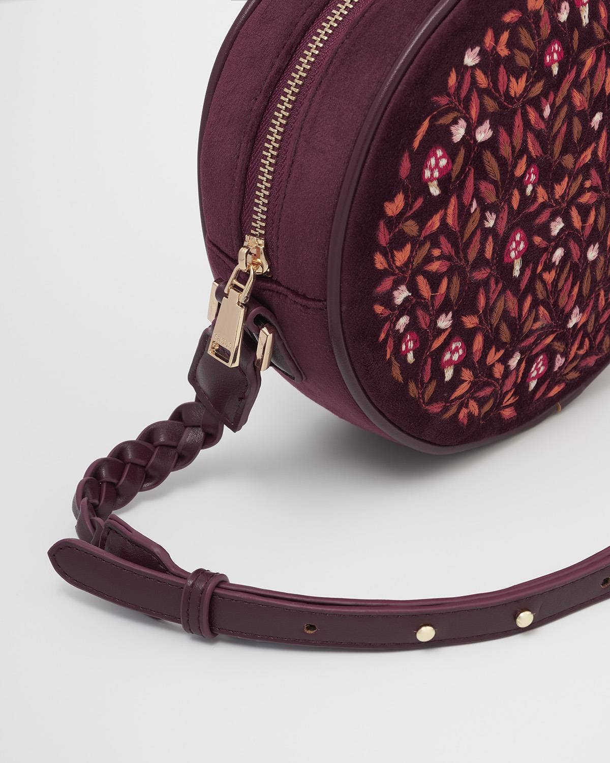 FABLE Magical Mushroom Embroidered Burgundy Circle Purse
