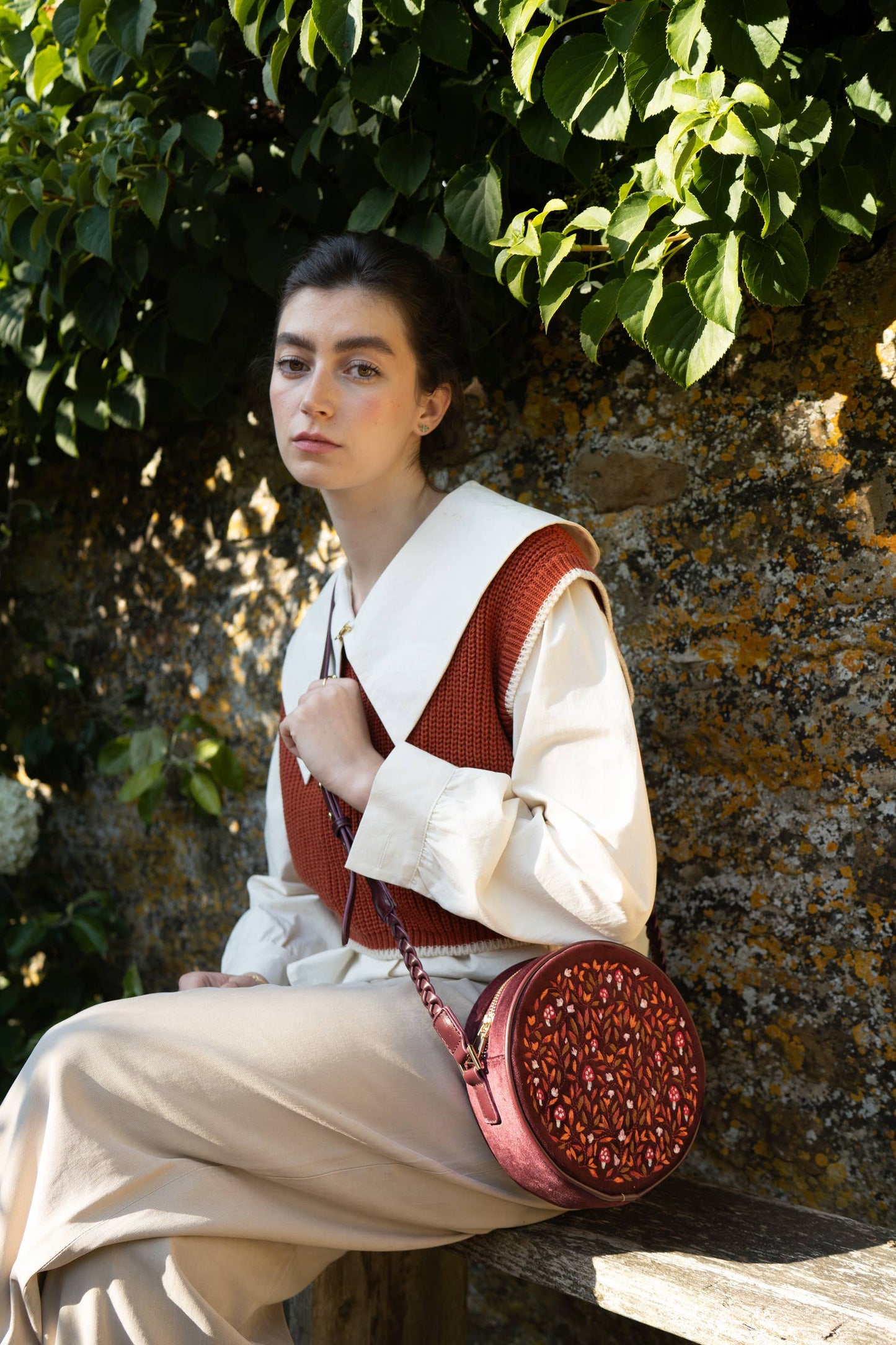 FABLE Magical Mushroom Embroidered Burgundy Circle Purse