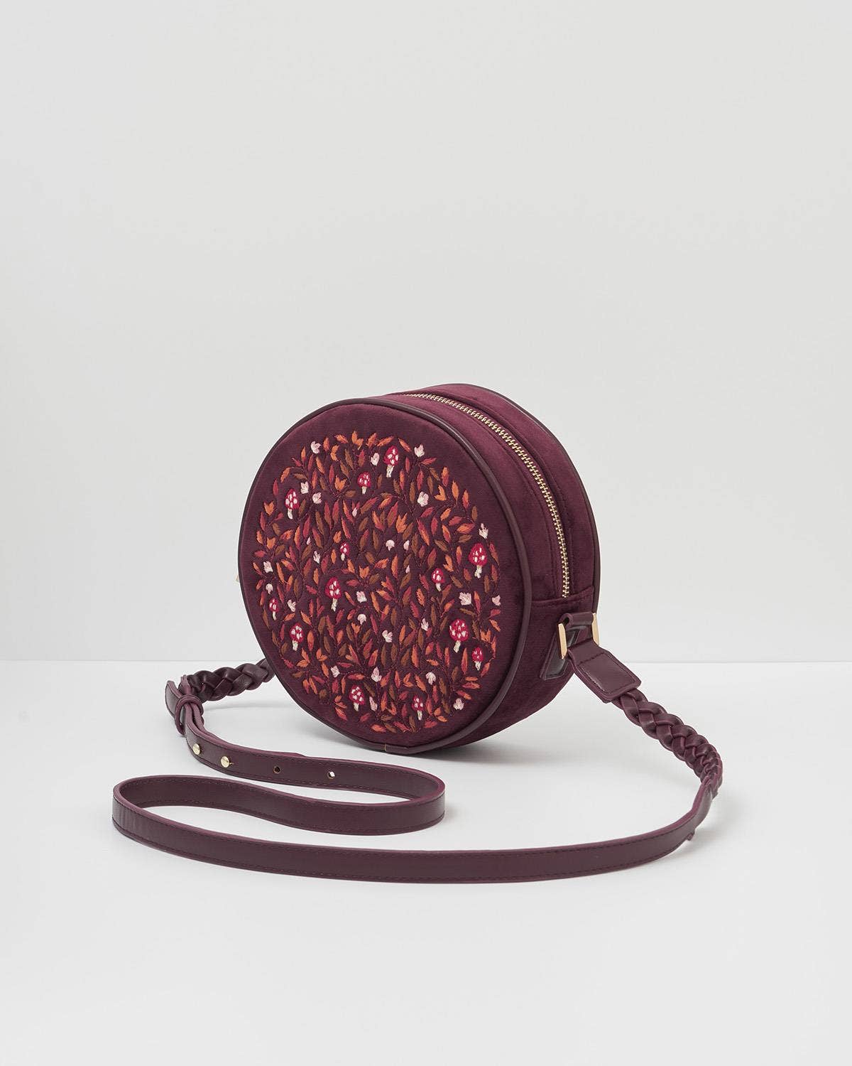 FABLE Magical Mushroom Embroidered Burgundy Circle Purse