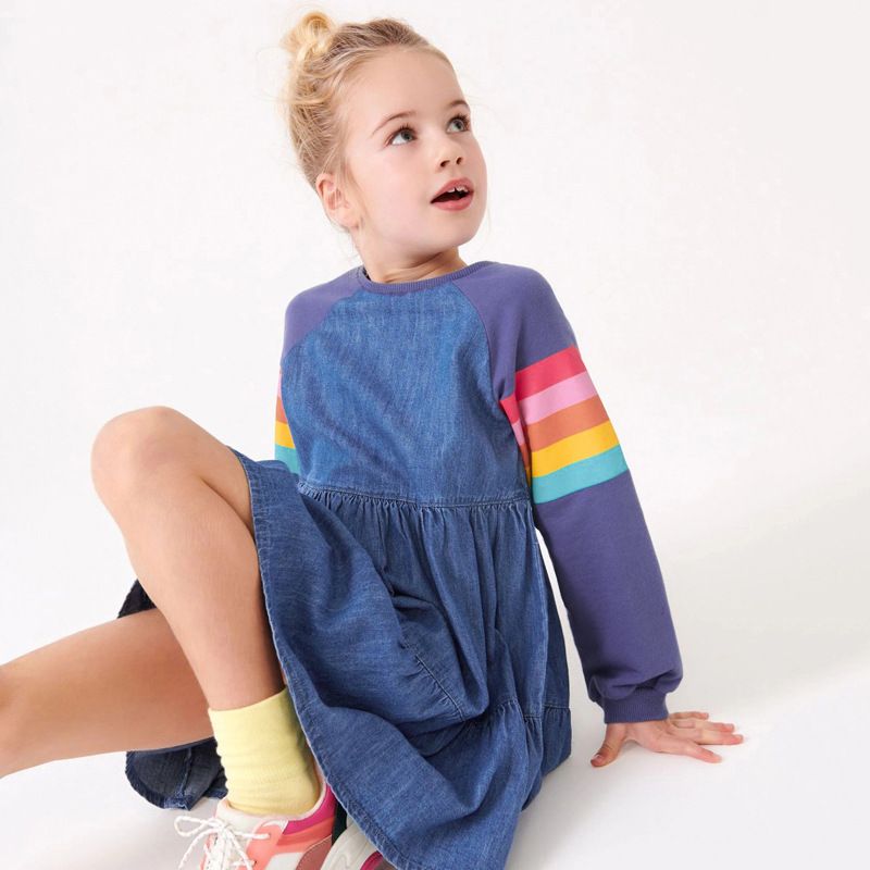 Rainbow sleeve denim smock girl dress (Low in stock / 4&5 yrs old)