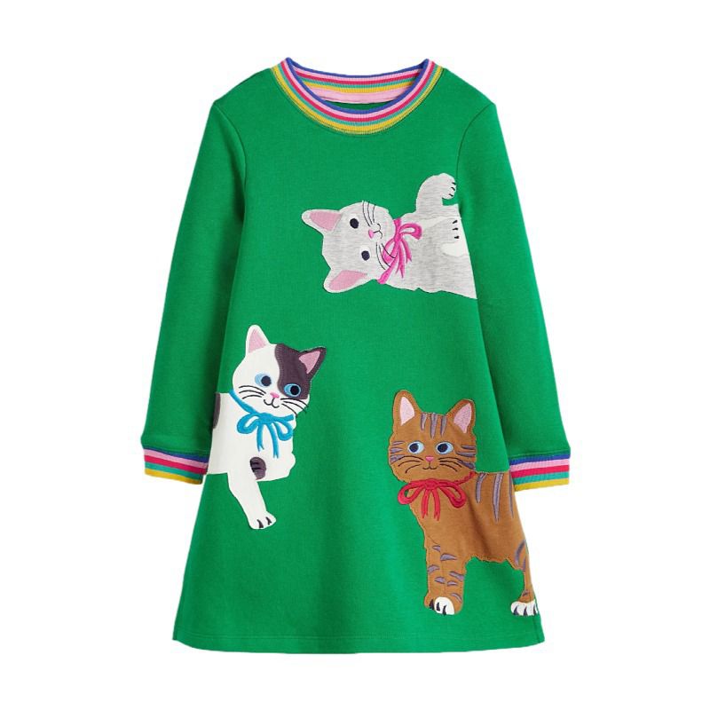 Green kitten long sleeve cotton girl dress (Last One/ 4 yrs old)
