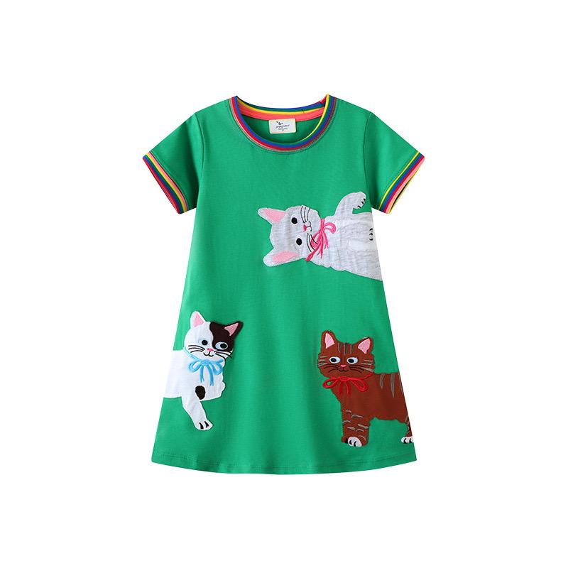 Green kitten cotton girl dress (Last One/ 7 yrs old)
