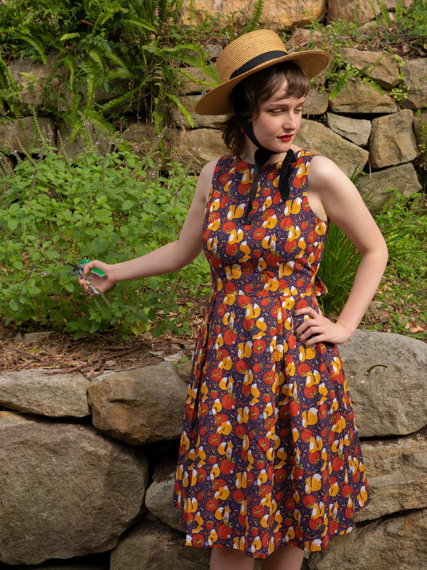 Foraging in the Woods Dress - Tomato Squirrel