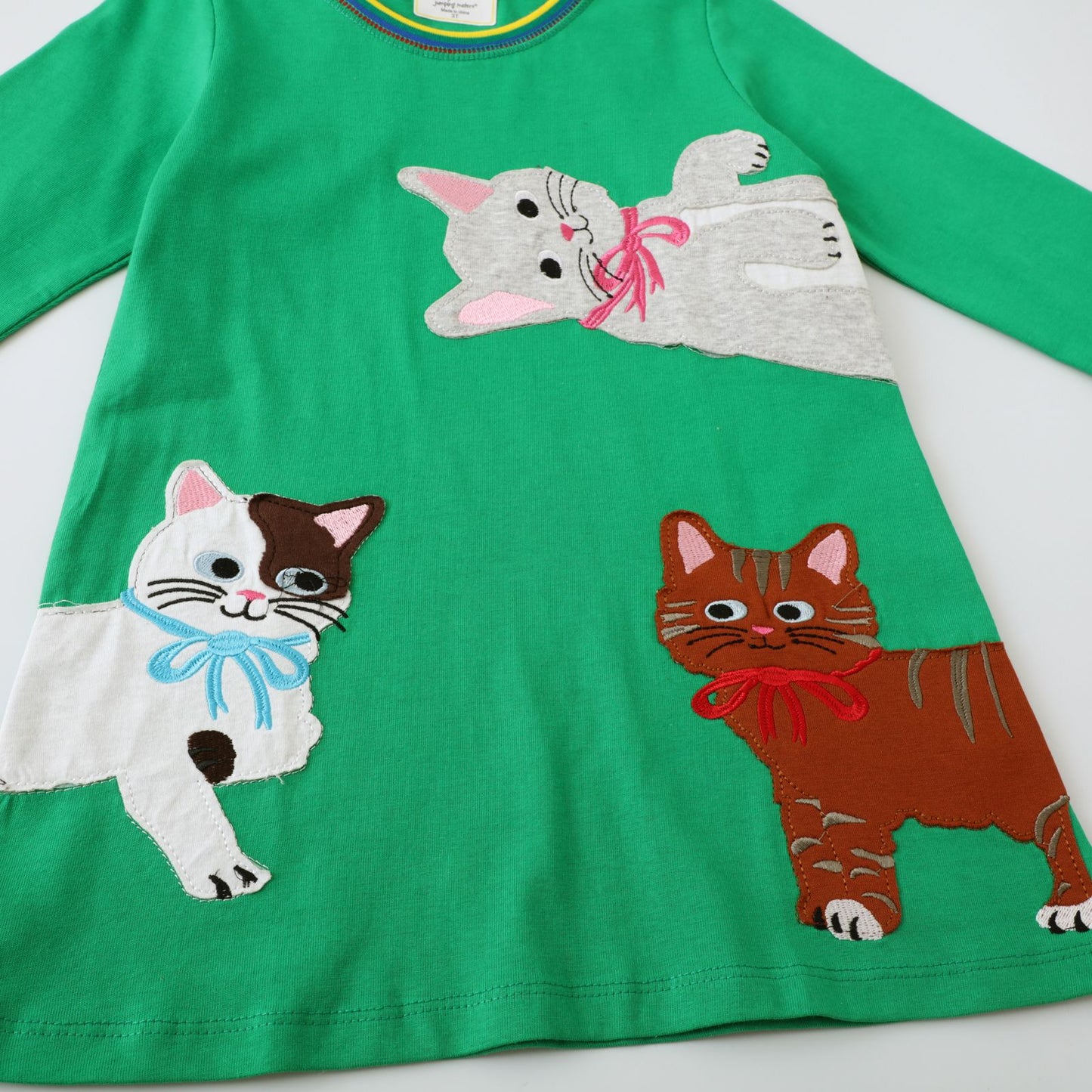 Green kitten long sleeve cotton girl dress (Last One/ 4 yrs old)