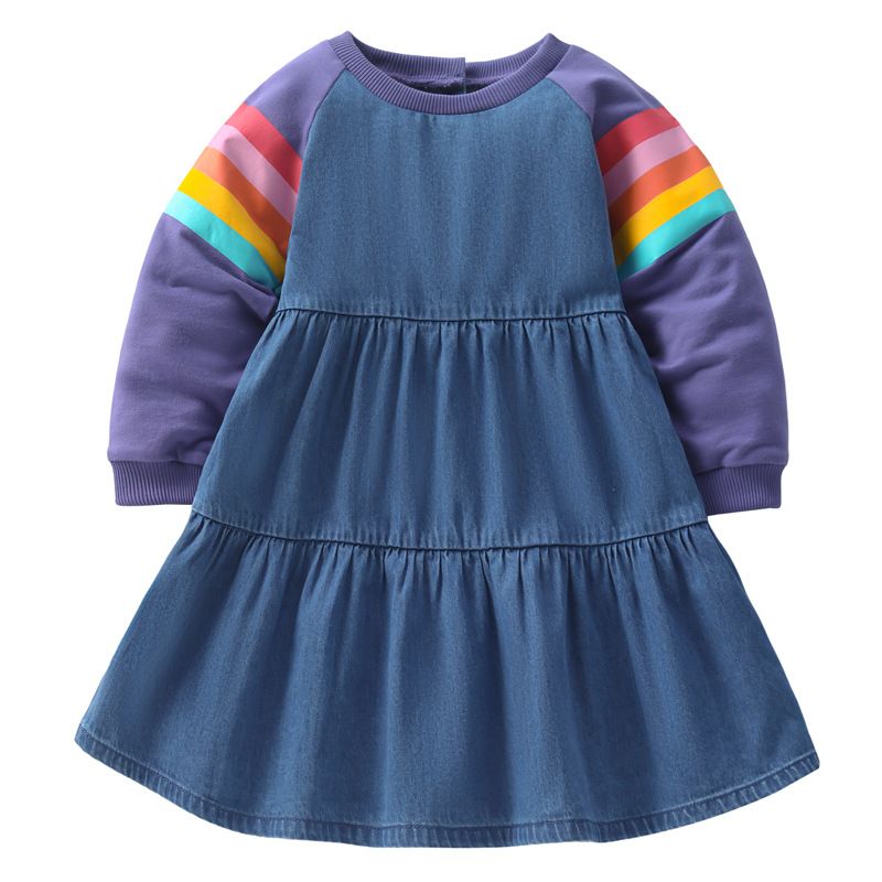 Rainbow sleeve denim smock girl dress (Low in stock / 4&5 yrs old)