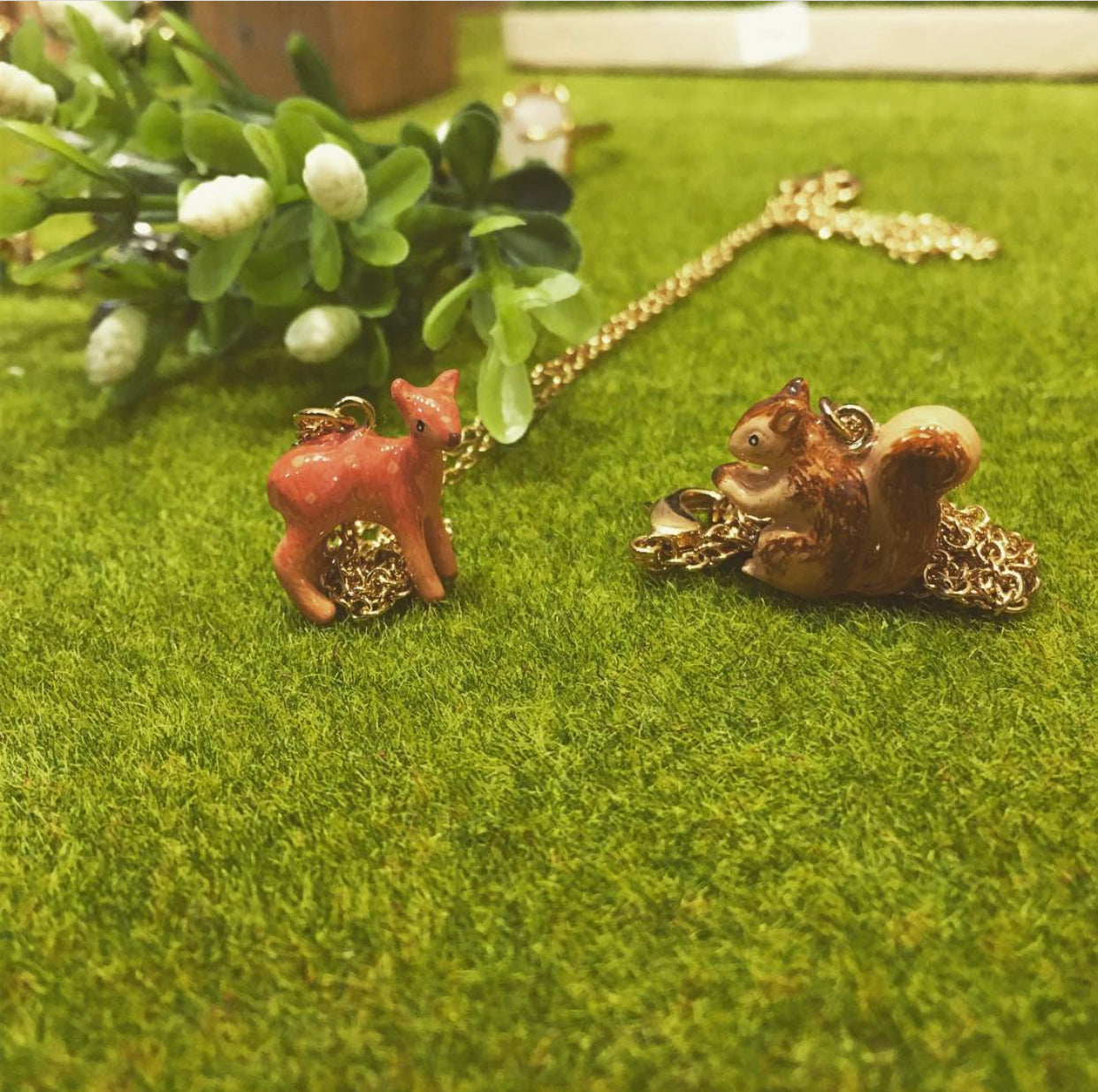 Handmade Squirrel Necklace, Squirrel Ring and Acorn Earring