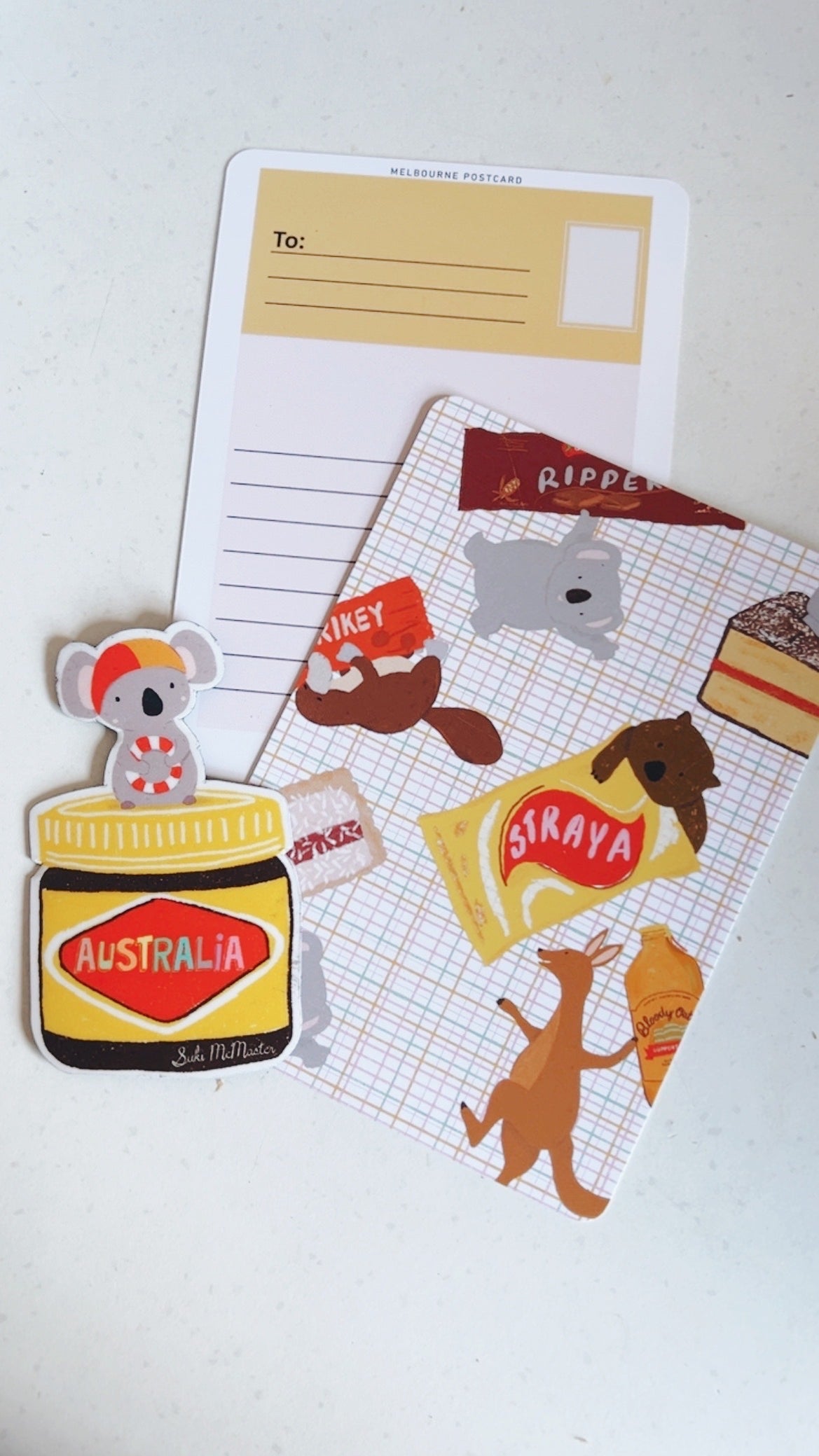 Koala & Aussie Treats Postcard & Magnet Set by Suki McMaster – Illustrated A6 Postcard + Fridge Magnet | Straya Snack Collection