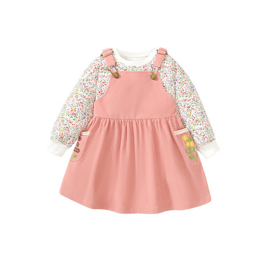 Pink floral embroidered overall dress