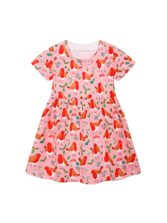Bird And Mushroom Pink Dress (6 & 7 years old ONLY)