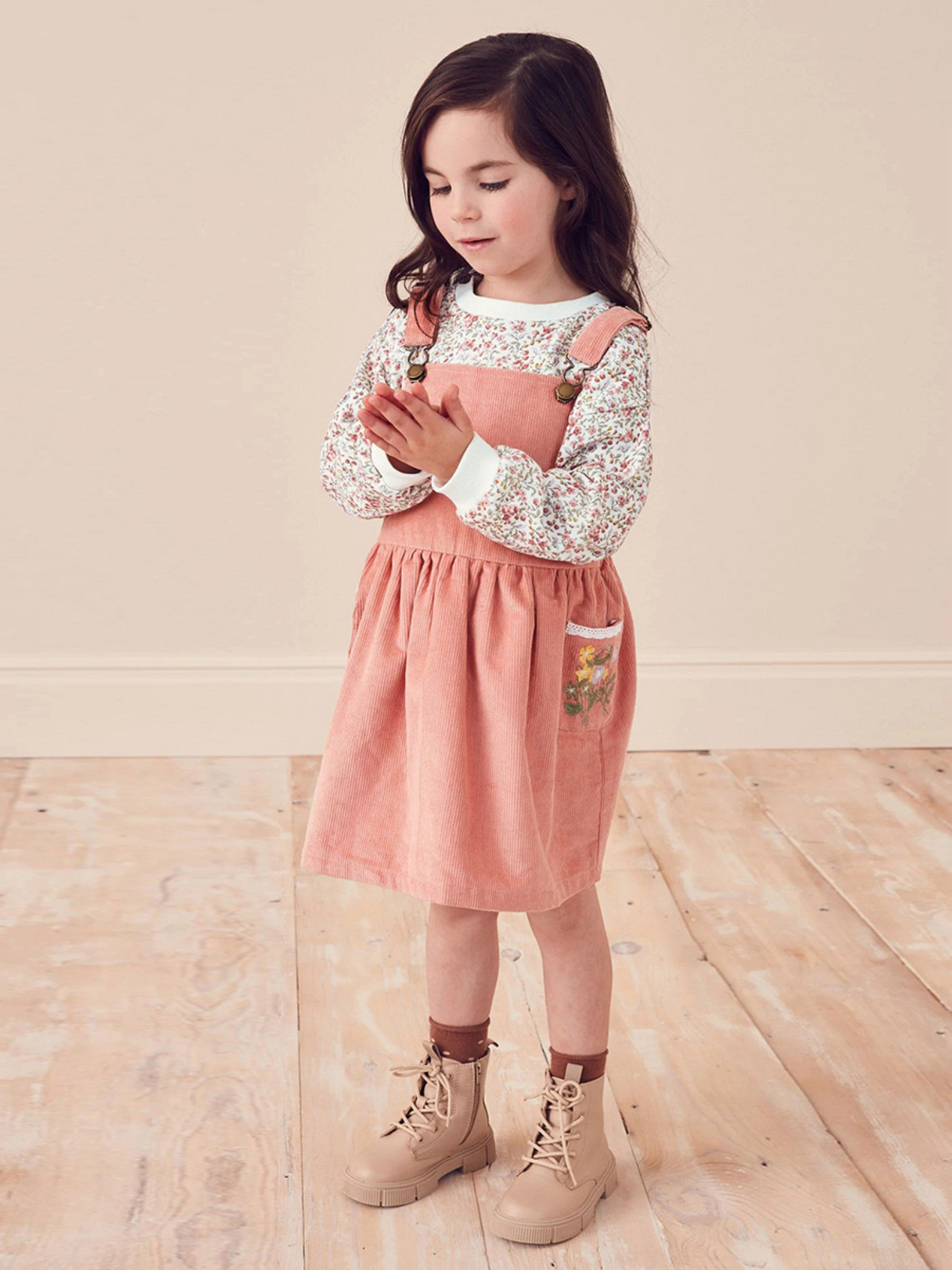 Floral pullover & Floral pink overalls dress with Pockets