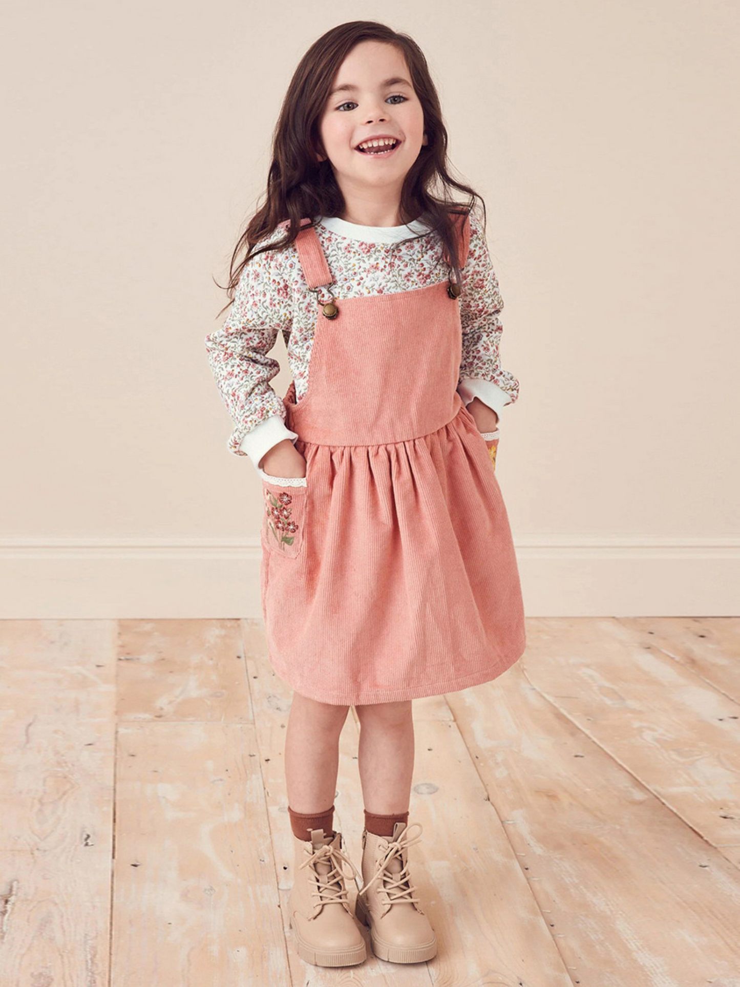Floral pullover & Floral pink overalls dress with Pockets