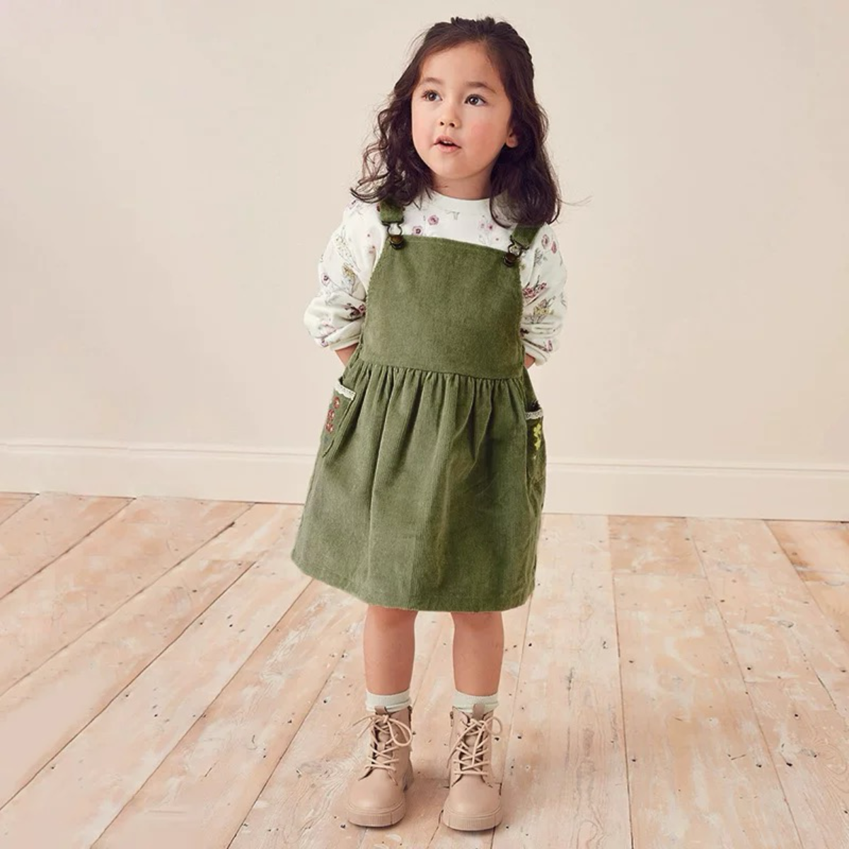 Green floral embroidered overall dress