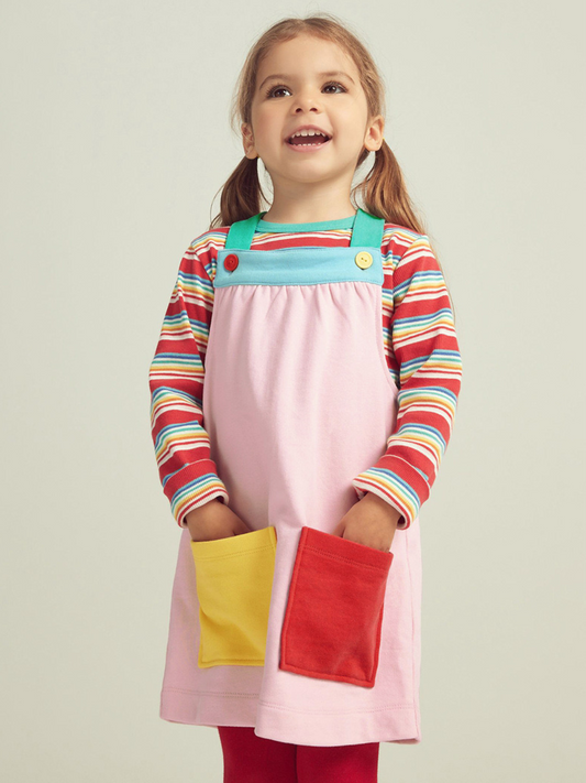 Stripes long sleeve tee & Pink overalls dress with Pockets