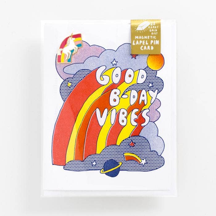 Unicorn and Rainbow Pin And Good Vibes Card