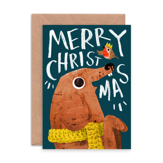 Dog & Robin Single Christmas Greeting Card