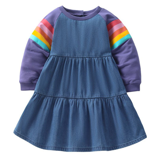 Rainbow sleeve denim smock girl dress (Low in stock / 4&5 yrs old)
