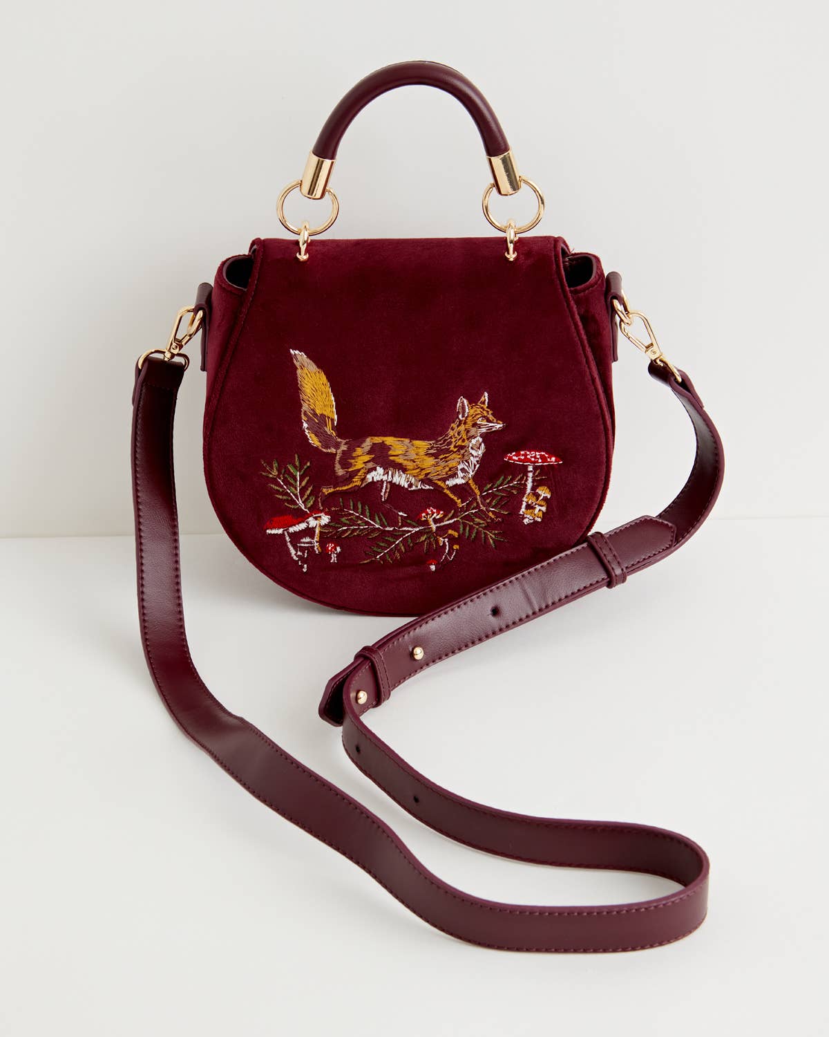 Fable Fox & Mushroom Embroidered Burgundy Velvet Saddle Bag
