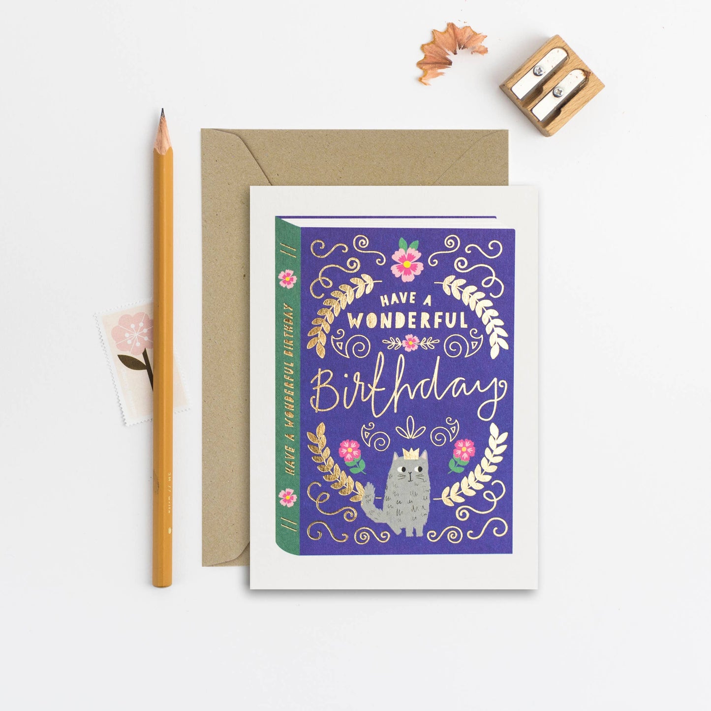 Cat Book Cover Birthday Card | Luxury Gold Foil Card