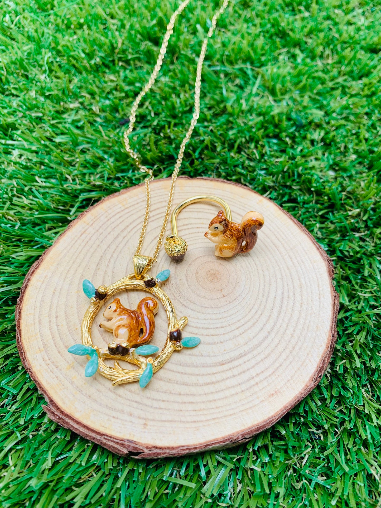 Handmade Squirrel Necklace, Squirrel Ring and Acorn Earring